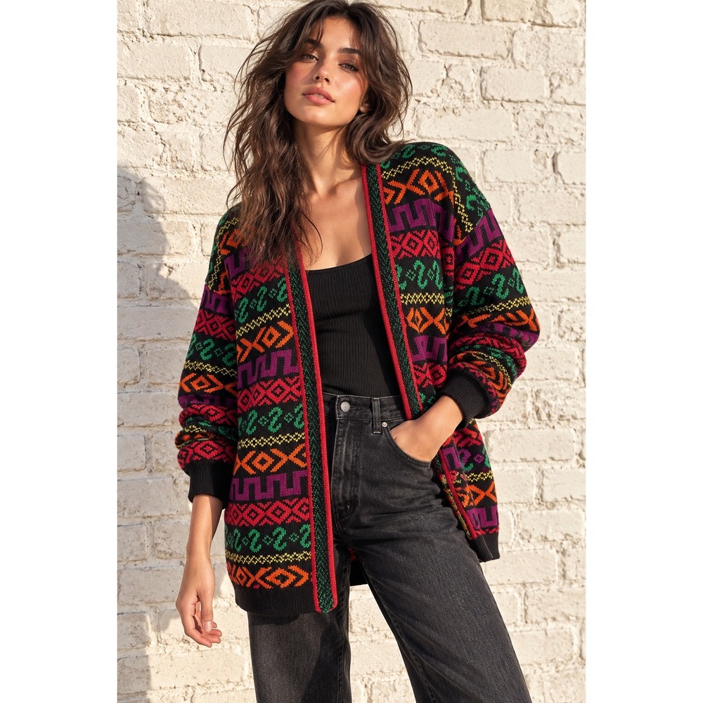 Vintage Rafaella Multi Color Cotton Cardigan Geometric Abstract Knit 90s Dad L